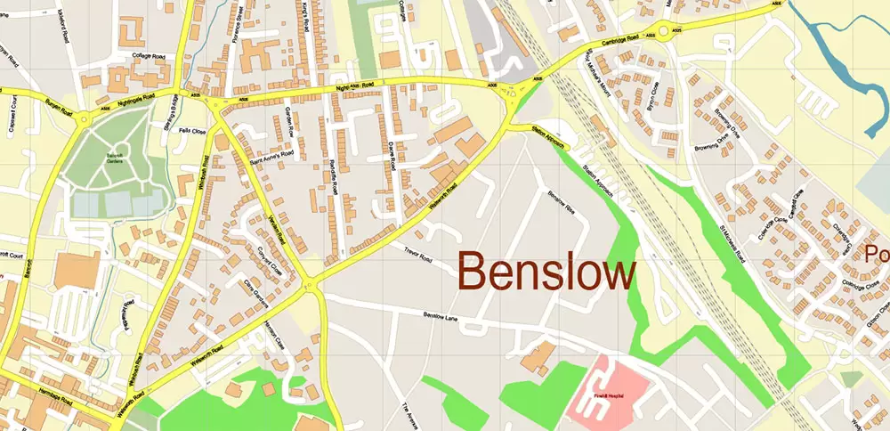 Stevenage + Benslow + Letchworth UK Map Vector City Plan High Detailed Street Map editable Adobe Illustrator in layers