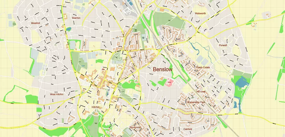 Stevenage + Benslow + Letchworth UK Map Vector City Plan High Detailed Street Map editable Adobe Illustrator in layers