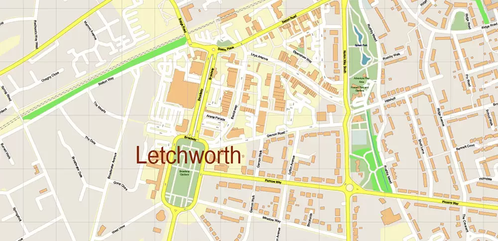 Stevenage + Benslow + Letchworth UK Map Vector City Plan High Detailed Street Map editable Adobe Illustrator in layers