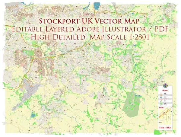 Stockport UK Map Vector City Plan High Detailed Street Map editable Adobe Illustrator in layers