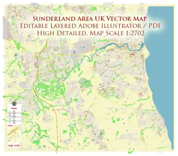 Sunderland Area UK Map Vector City Plan High Detailed Street Map editable Adobe Illustrator in layers