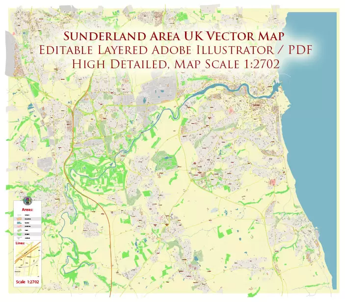 Sunderland Area UK Map Vector City Plan High Detailed Street Map editable Adobe Illustrator in layers