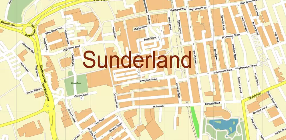 Sunderland Area UK Map Vector City Plan High Detailed Street Map editable Adobe Illustrator in layers