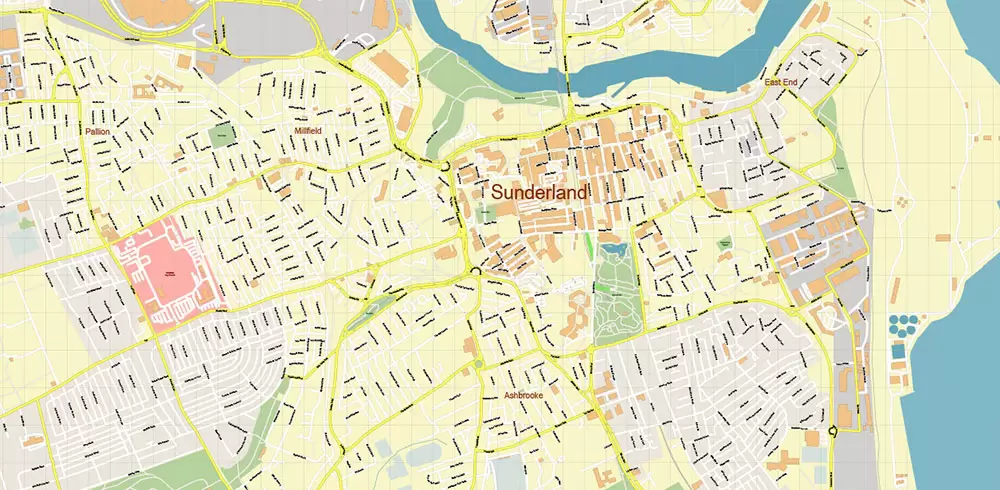 Sunderland Area UK Map Vector City Plan High Detailed Street Map editable Adobe Illustrator in layers