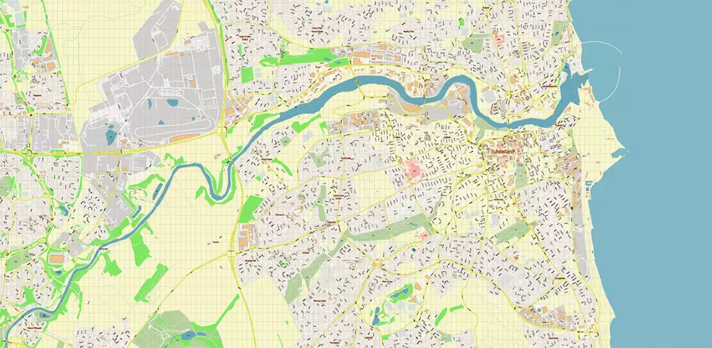 Sunderland Area UK Map Vector City Plan High Detailed Street Map editable Adobe Illustrator in layers