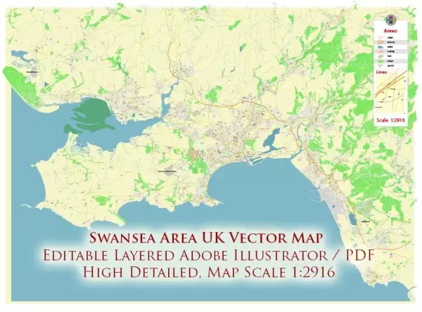 Swansea Area UK Map Vector City Plan High Detailed Street Map editable Adobe Illustrator in layers