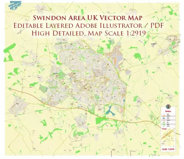 Swindon Area UK Map Vector City Plan High Detailed Street Map editable Adobe Illustrator in layers