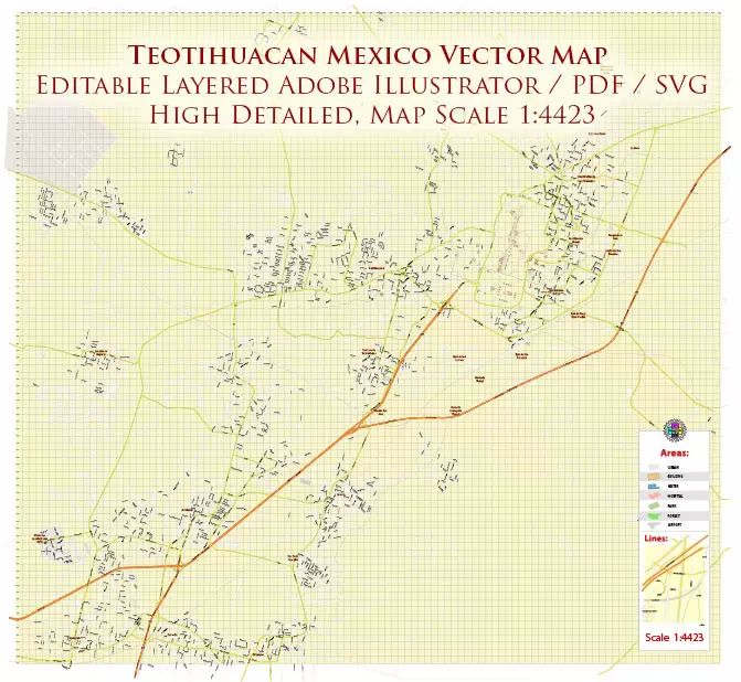 Mexico City + Teotihuacan (.Ai + .PDF + .SVG) Map Vector Exact City Plan High Detailed Street Map editable Adobe Illustrator + PDF + SVG in layers