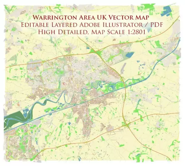 Warrington Area UK Map Vector City Plan High Detailed Street Map editable Adobe Illustrator in layers