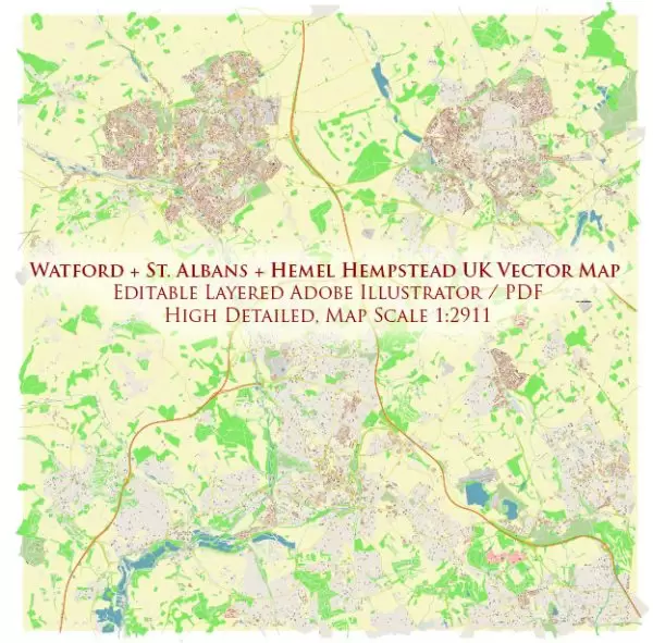 Watford + St Albans + Hemel Hempstead UK Map Vector City Plan High Detailed Street Map editable Adobe Illustrator in layers