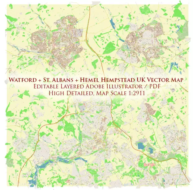 Watford + St Albans + Hemel Hempstead UK PDF Vector Map: City Plan High Detailed Street Map editable Adobe PDF in layers