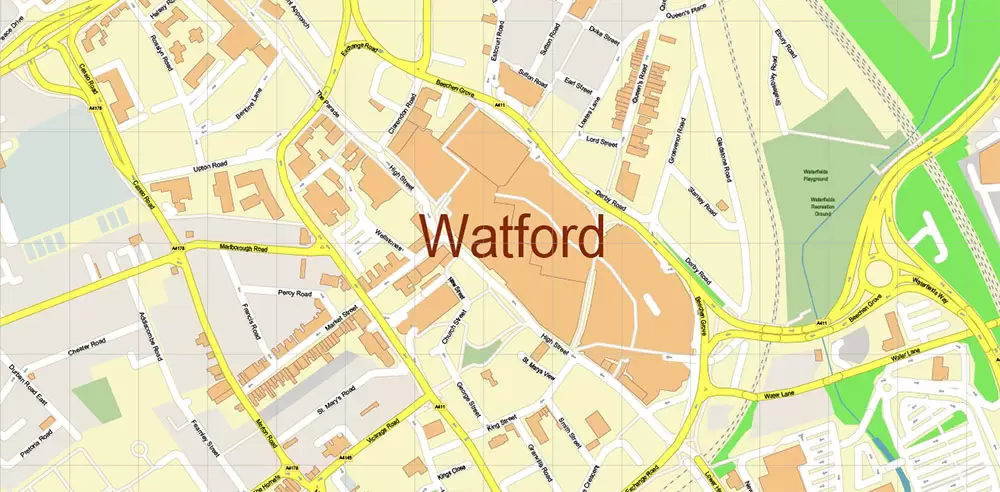 Watford + St Albans + Hemel Hempstead UK PDF Vector Map: City Plan High Detailed Street Map editable Adobe PDF in layers