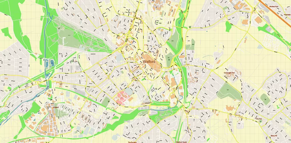 Watford + St Albans + Hemel Hempstead UK PDF Vector Map: City Plan High Detailed Street Map editable Adobe PDF in layers