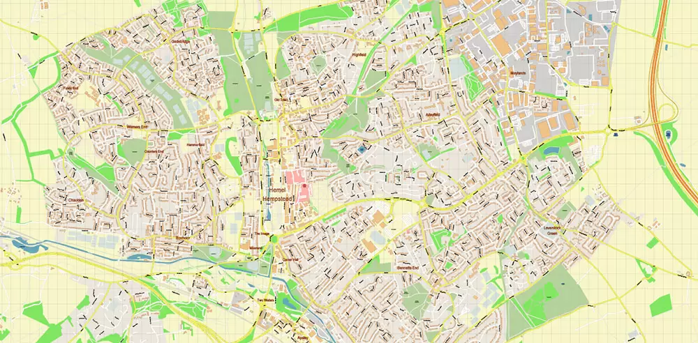 Watford + St Albans + Hemel Hempstead UK PDF Vector Map: City Plan High Detailed Street Map editable Adobe PDF in layers