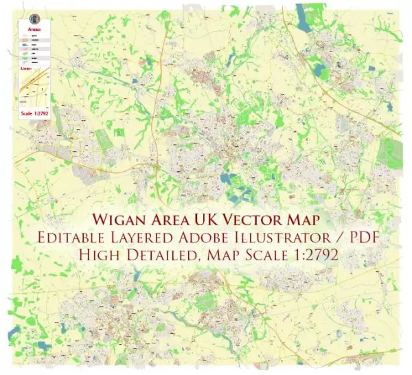 Wigan Area UK Map Vector City Plan High Detailed Street Map editable Adobe Illustrator in layers