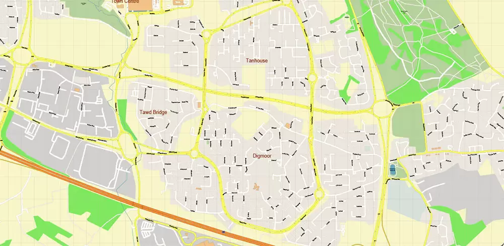 Wigan Area UK PDF Vector Map: City Plan High Detailed Street Map editable Adobe PDF in layers