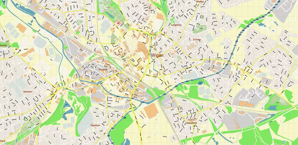 Wigan Area UK PDF Vector Map: City Plan High Detailed Street Map editable Adobe PDF in layers