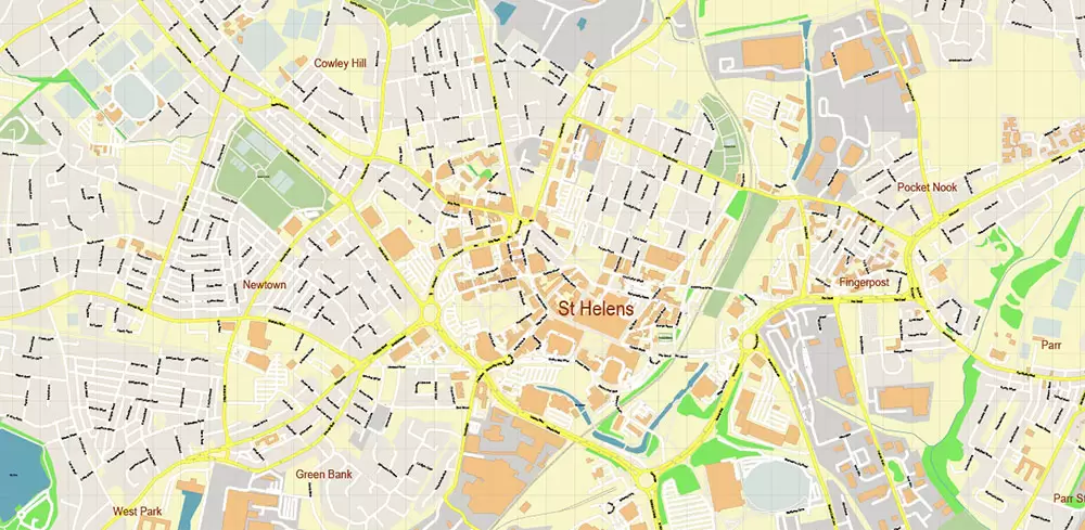 Wigan Area UK PDF Vector Map: City Plan High Detailed Street Map editable Adobe PDF in layers