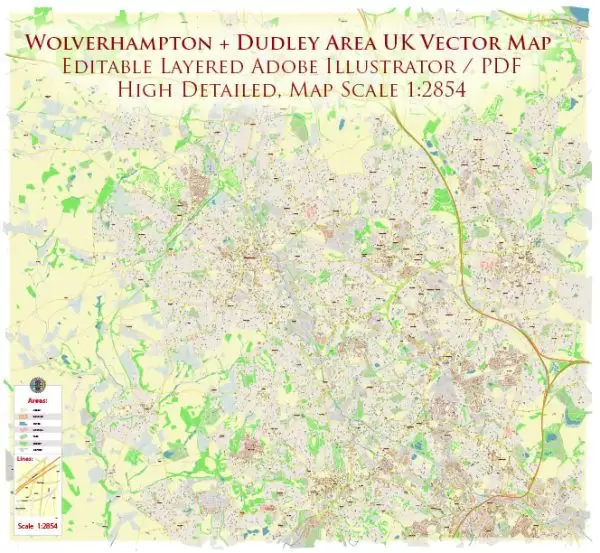 Wolverhampton + Dudley UK Map Vector City Plan High Detailed Street Map editable Adobe Illustrator in layers