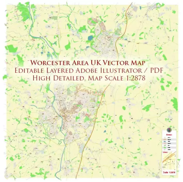 Worcester Area UK Map Vector City Plan High Detailed Street Map editable Adobe Illustrator in layers