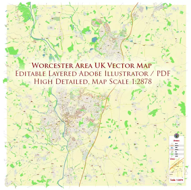 Worcester Area UK PDF Vector Map: City Plan High Detailed Street Map editable Adobe PDF in layers