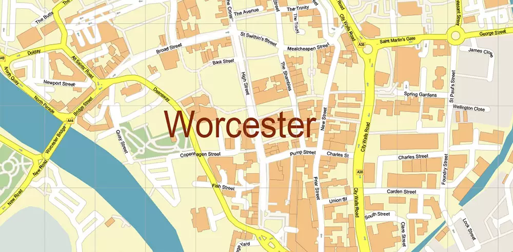 Worcester Area UK PDF Vector Map: City Plan High Detailed Street Map editable Adobe PDF in layers