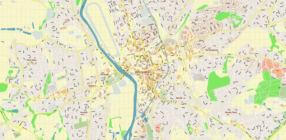 Worcester Area UK PDF Vector Map: City Plan High Detailed Street Map editable Adobe PDF in layers