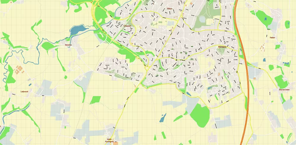 Worcester Area UK PDF Vector Map: City Plan High Detailed Street Map editable Adobe PDF in layers