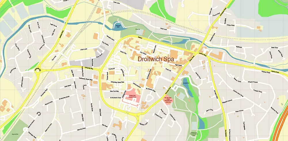 Worcester Area UK PDF Vector Map: City Plan High Detailed Street Map editable Adobe PDF in layers