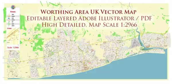 Worthing Area UK Map Vector City Plan High Detailed Street Map editable Adobe Illustrator in layers