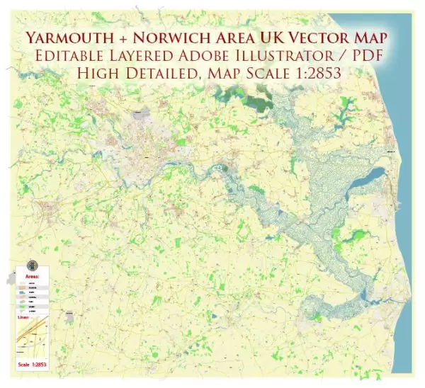 Yarmouth + Norwich Area UK Map Vector City Plan High Detailed Street Map editable Adobe Illustrator in layers
