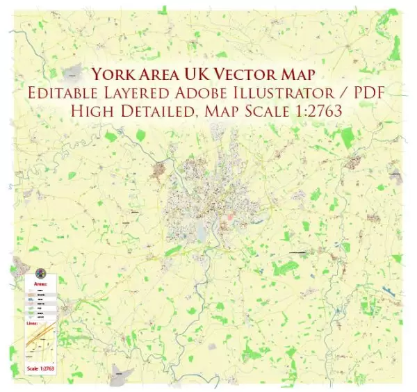 York Area UK Map Vector City Plan High Detailed Street Map editable Adobe Illustrator in layers