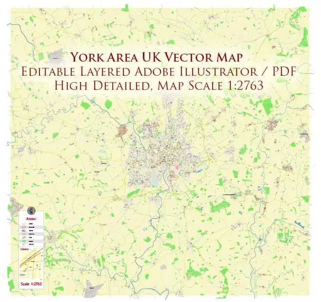 York Area UK Map Vector City Plan High Detailed Street Map editable Adobe Illustrator in layers
