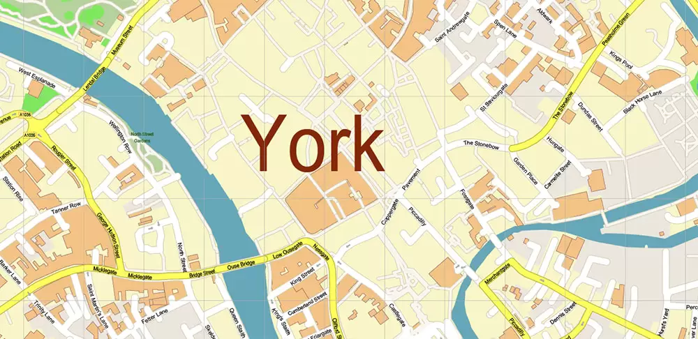 York Area UK Map Vector City Plan High Detailed Street Map editable Adobe Illustrator in layers