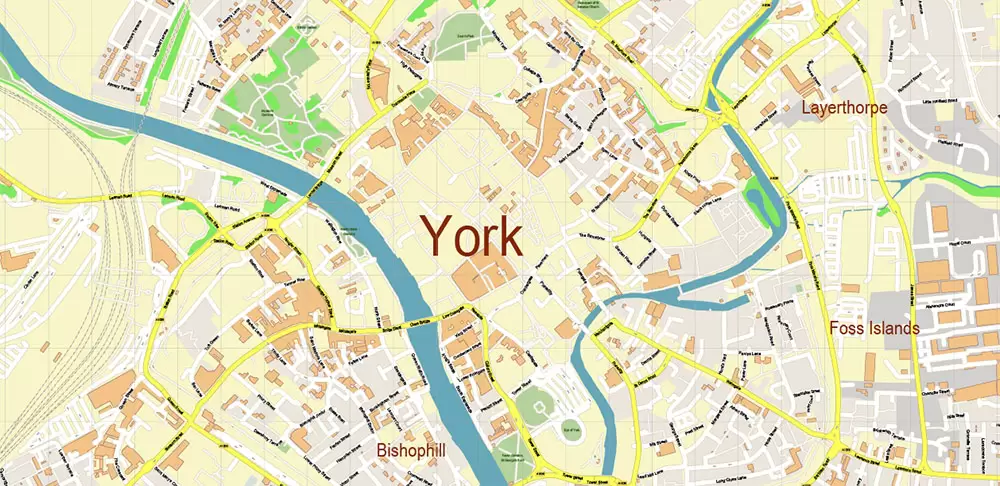 York Area UK Map Vector City Plan High Detailed Street Map editable Adobe Illustrator in layers