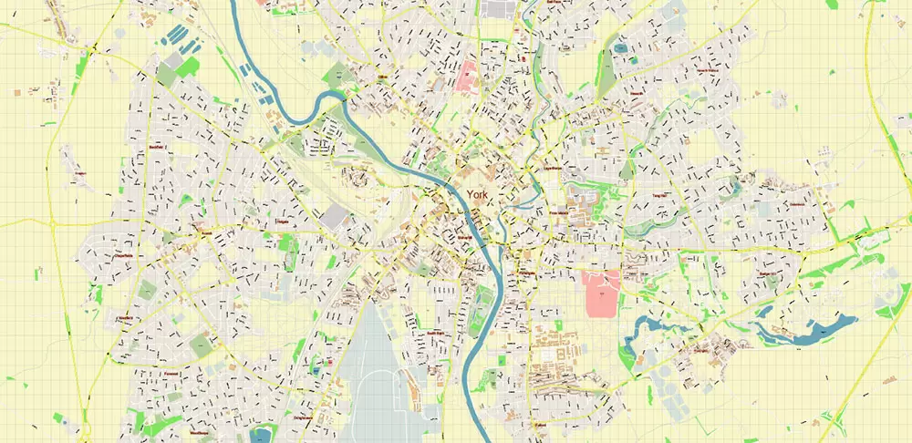 York Area UK Map Vector City Plan High Detailed Street Map editable Adobe Illustrator in layers