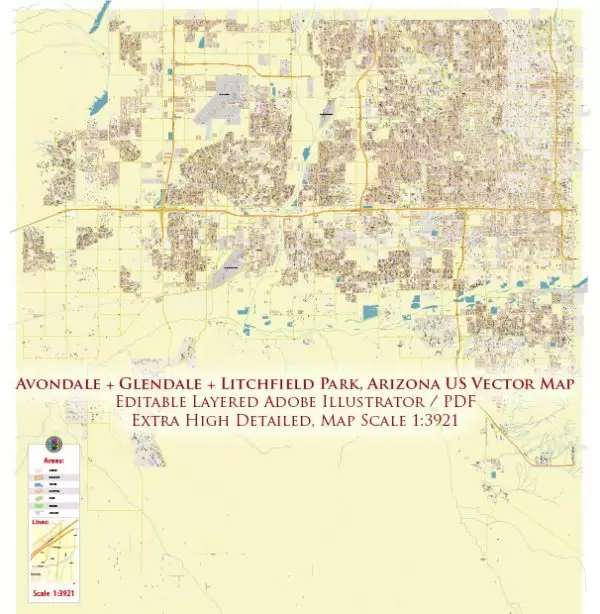 Avondale + Glendale Arizona US Map Vector City Plan High Detailed Street Map editable Adobe Illustrator in layers