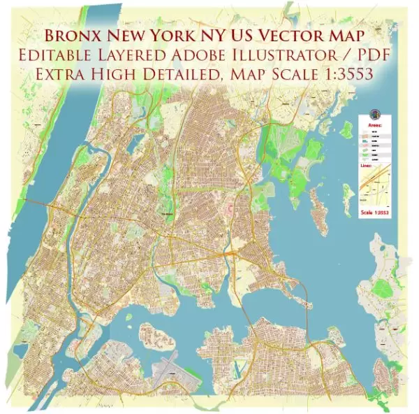 Bronx New York City NY US Map Vector City Plan High Detailed Street Map editable Adobe Illustrator in layers