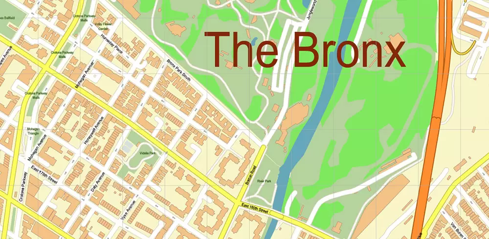 Bronx New York City NY US Map Vector City Plan High Detailed Street Map editable Adobe Illustrator in layers