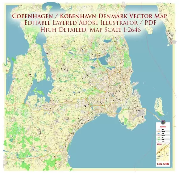 Copenhagen / København Denmark Map Vector City Plan High Detailed Street Map editable Adobe Illustrator in layers