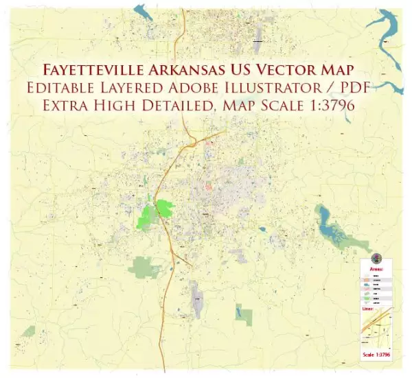 Fayetteville Arkansas US Map Vector City Plan High Detailed Street Map editable Adobe Illustrator in layers