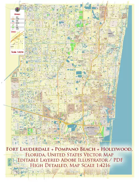 Fort Lauderdale + Pompano Beach + Hollywood Florida US Map Vector City Plan High Detailed Street Map + Relief Topo editable Adobe Illustrator in layers