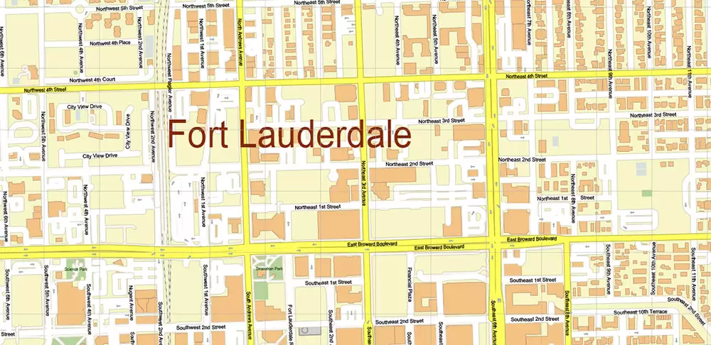 Fort Lauderdale + Pompano Beach + Hollywood Florida US Map Vector City Plan High Detailed Street Map + Relief Topo editable Adobe Illustrator in layers