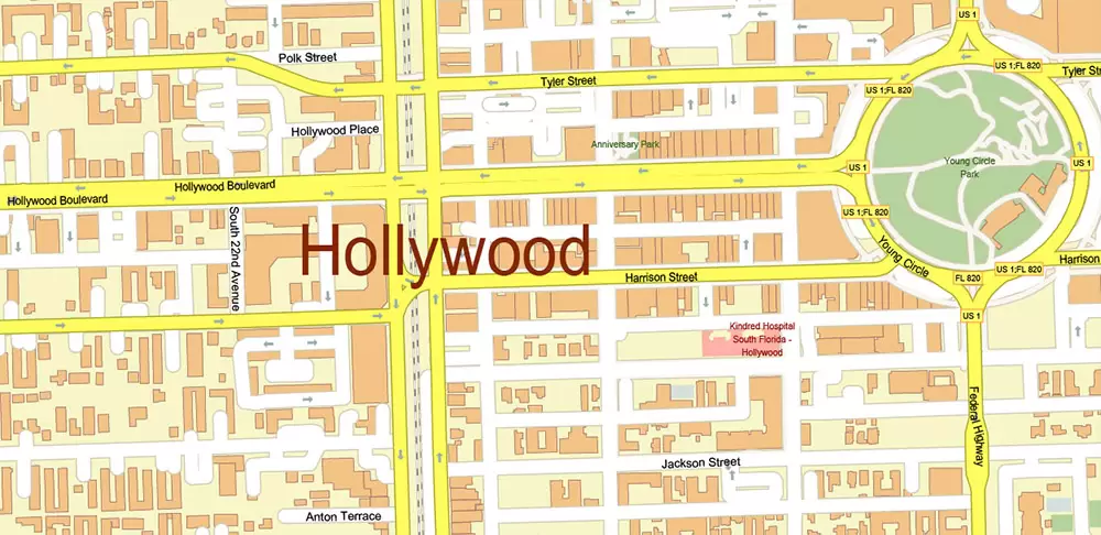 Fort Lauderdale + Pompano Beach + Hollywood Florida US Map Vector City Plan High Detailed Street Map + Relief Topo editable Adobe Illustrator in layers