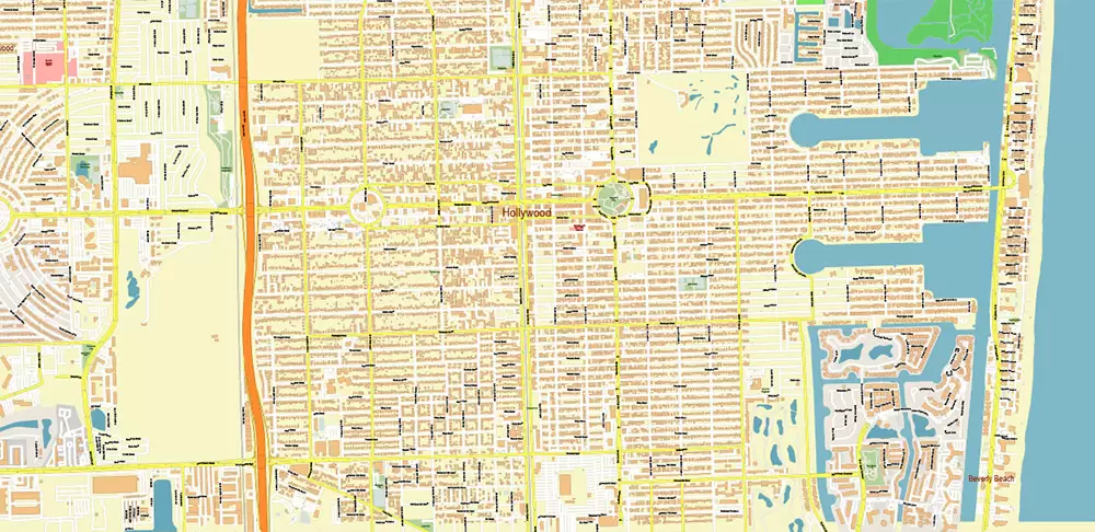 Fort Lauderdale + Pompano Beach + Hollywood Florida US Map Vector City Plan High Detailed Street Map + Relief Topo editable Adobe Illustrator in layers