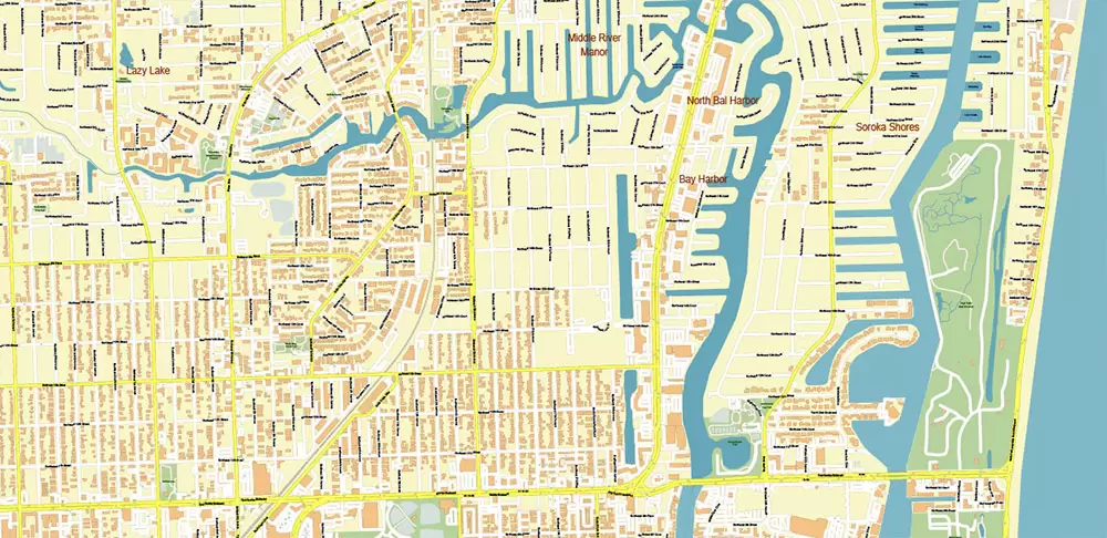Fort Lauderdale + Pompano Beach + Hollywood Florida US Map Vector City Plan High Detailed Street Map + Relief Topo editable Adobe Illustrator in layers