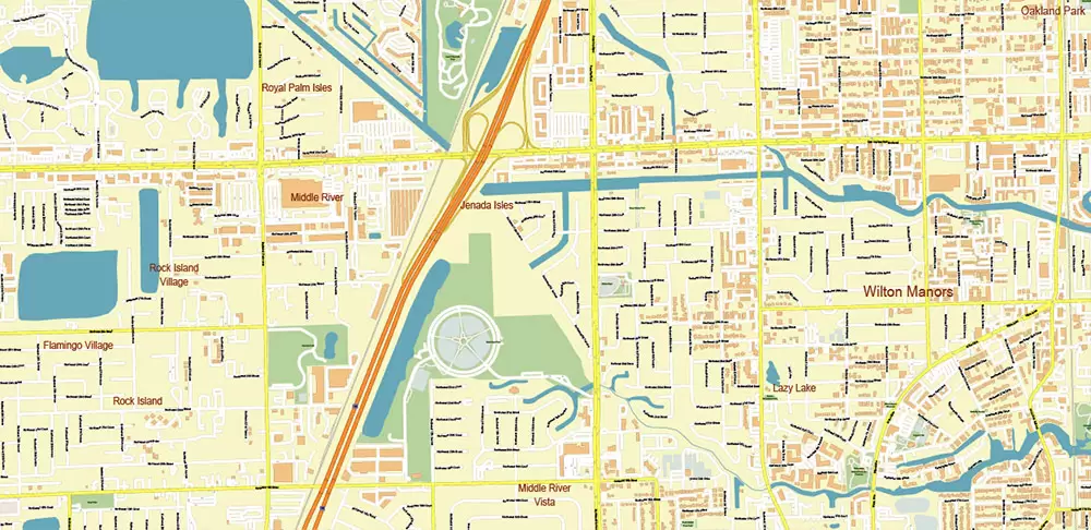 Fort Lauderdale + Pompano Beach + Hollywood Florida US Map Vector City Plan High Detailed Street Map + Relief Topo editable Adobe Illustrator in layers