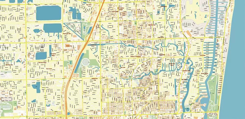 Fort Lauderdale + Pompano Beach + Hollywood Florida US Map Vector City Plan High Detailed Street Map + Relief Topo editable Adobe Illustrator in layers