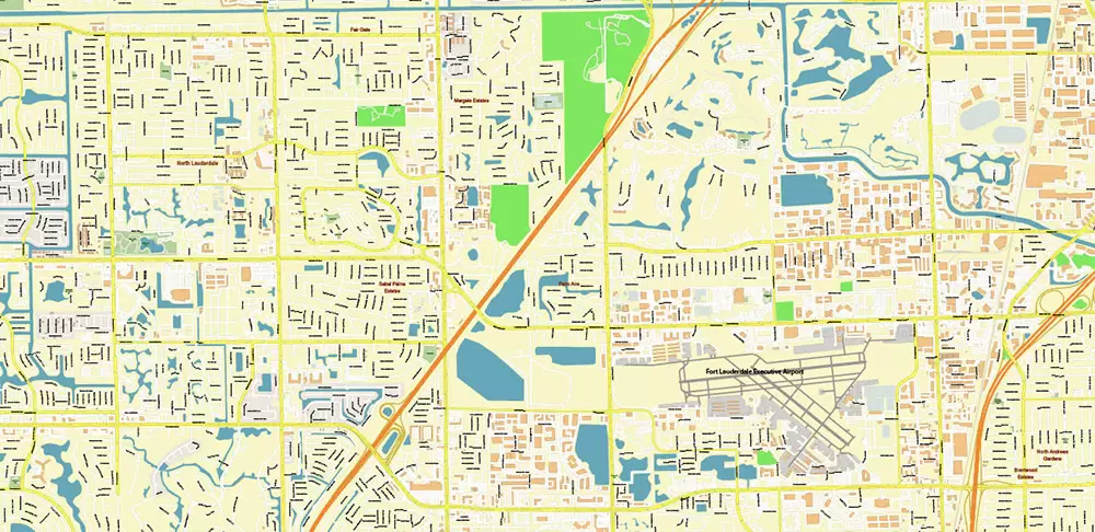Fort Lauderdale + Pompano Beach + Hollywood Florida US Map Vector City Plan High Detailed Street Map + Relief Topo editable Adobe Illustrator in layers