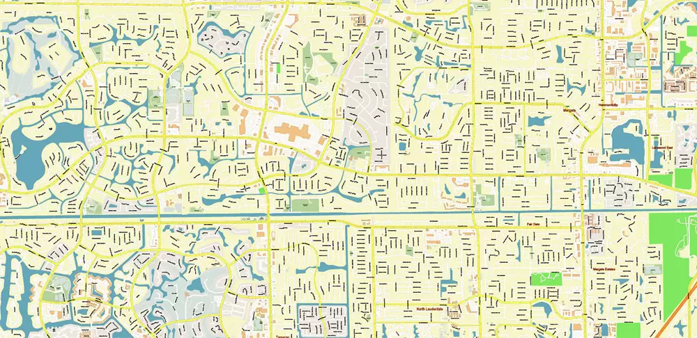 Fort Lauderdale + Pompano Beach + Hollywood Florida US Map Vector City Plan High Detailed Street Map + Relief Topo editable Adobe Illustrator in layers